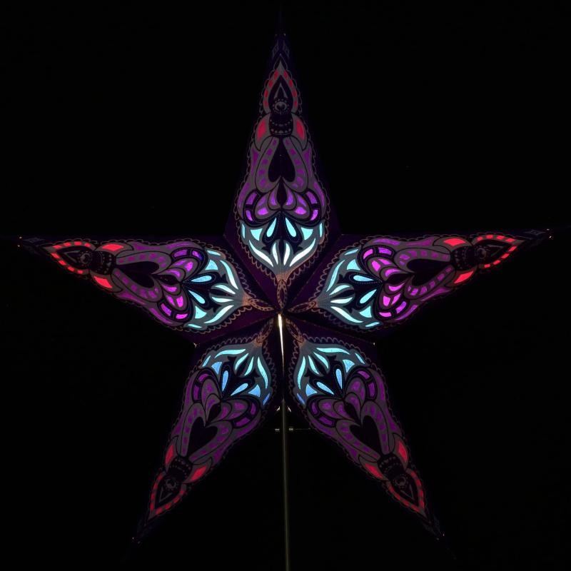 SUMITA lila/Glitter - Faltbarer Leuchtstern, Weihnachtsstern aus Papier mit 5 Zacken, 60 cm